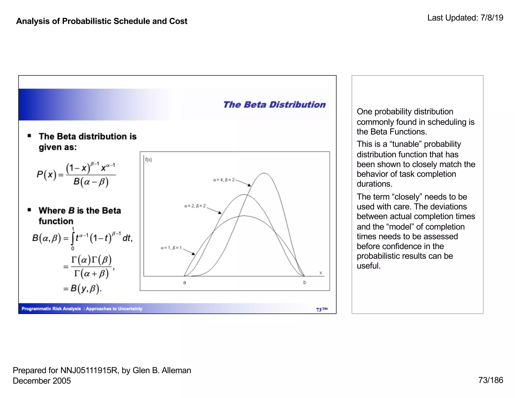 Analysis of Probabilistic Schedule and Cost Last Updated: 7/8/19
73/186
One probability distribution
commonly found in scheduling is
the Beta Functions.
This is a “tunable” probability
distribution function that has
been shown to closely match the
behavior of task completion
durations.
The term “closely” needs to be
used with care. The deviations
between actual completion times
and the “model” of completion
times needs to be assessed
before confidence in the
probabilistic results can be
useful.
Prepared for NNJ05111915R, by Glen B. Alleman
December 2005
 