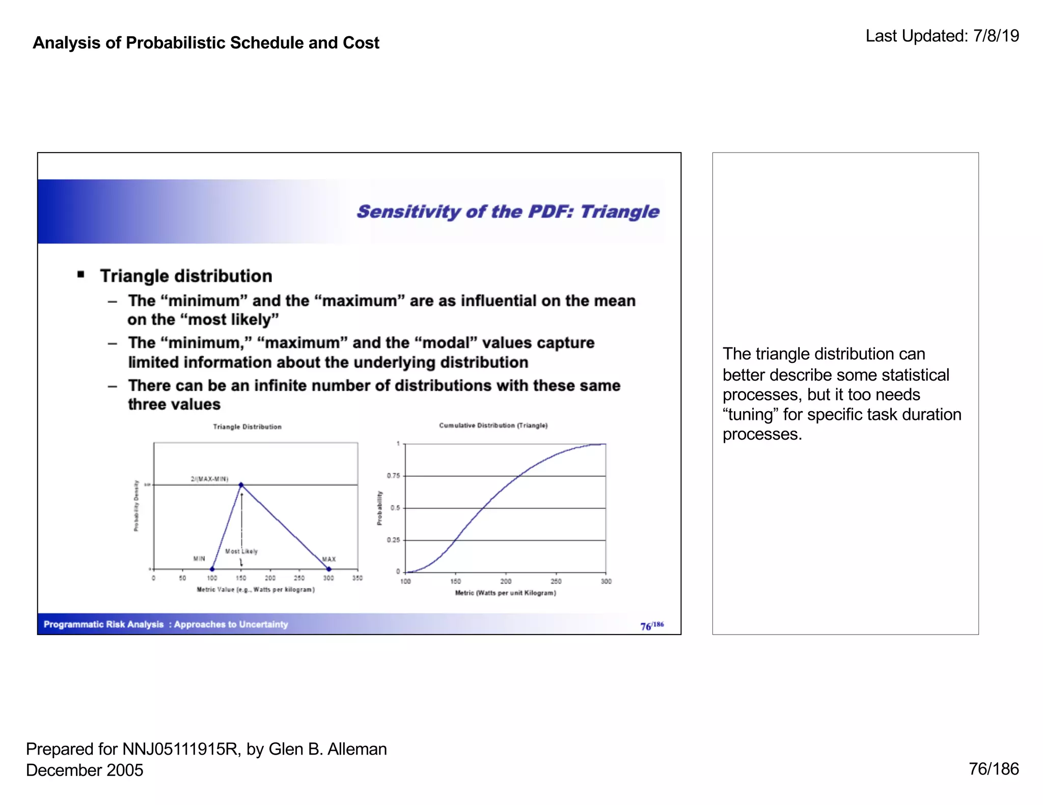 Analysis of Probabilistic Schedule and Cost Last Updated: 7/8/19
76/186
The triangle distribution can
better describe some statistical
processes, but it too needs
“tuning” for specific task duration
processes.
Prepared for NNJ05111915R, by Glen B. Alleman
December 2005
 