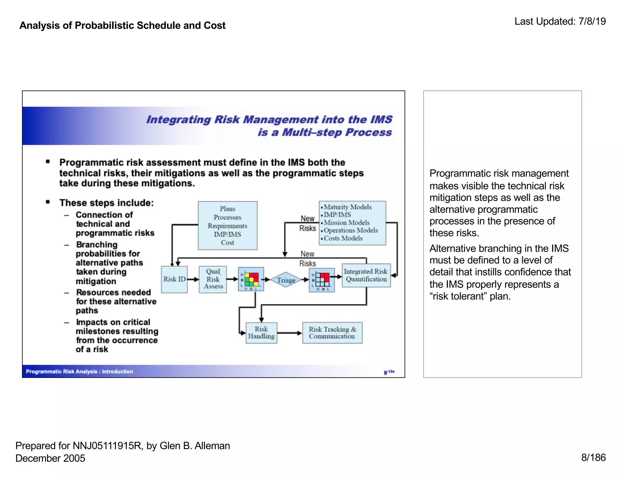 Analysis of Probabilistic Schedule and Cost Last Updated: 7/8/19
8/186
Programmatic risk management
makes visible the technical risk
mitigation steps as well as the
alternative programmatic
processes in the presence of
these risks.
Alternative branching in the IMS
must be defined to a level of
detail that instills confidence that
the IMS properly represents a
“risk tolerant” plan.
Prepared for NNJ05111915R, by Glen B. Alleman
December 2005
 