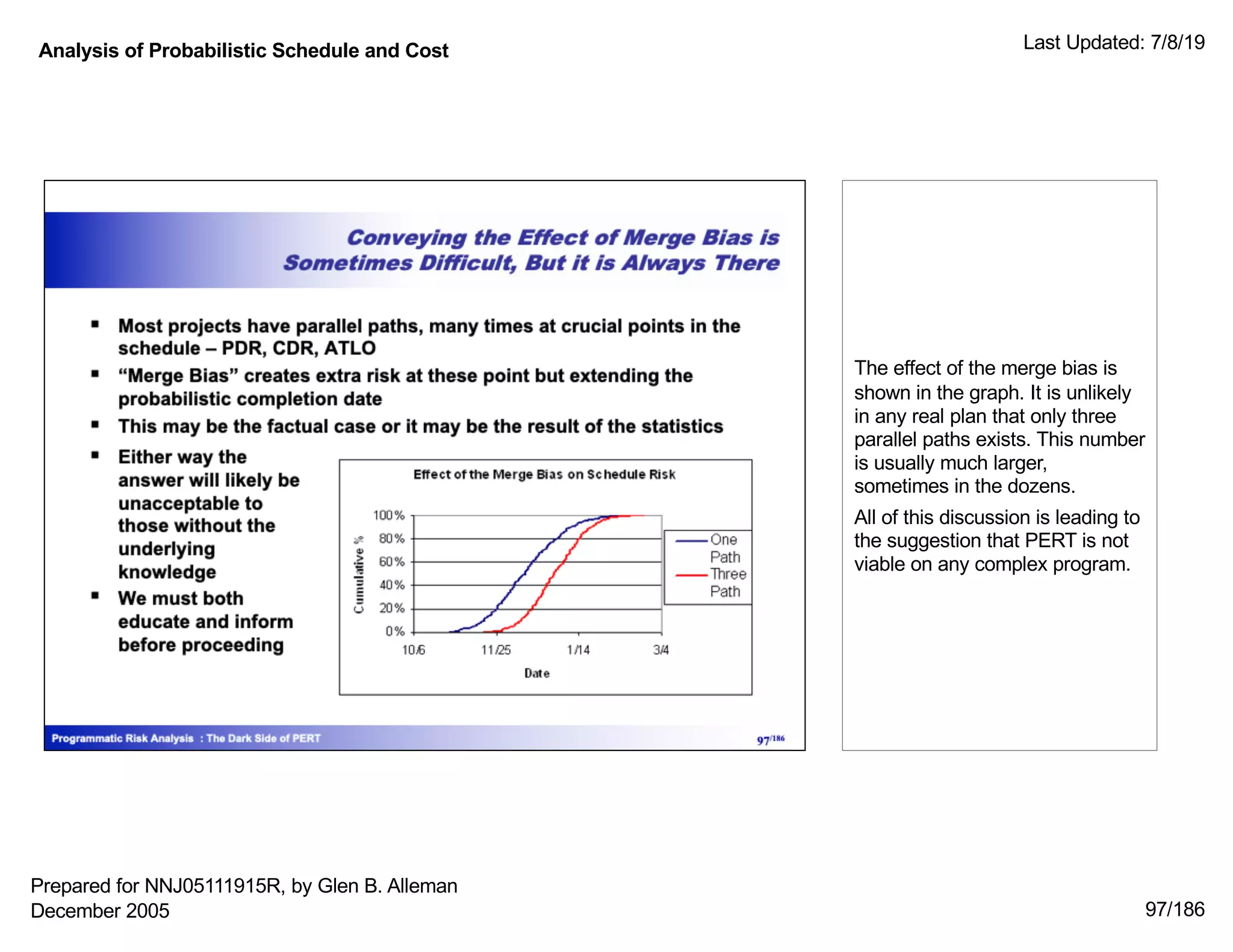 Analysis of Probabilistic Schedule and Cost Last Updated: 7/8/19
97/186
The effect of the merge bias is
shown in the graph. It is unlikely
in any real plan that only three
parallel paths exists. This number
is usually much larger,
sometimes in the dozens.
All of this discussion is leading to
the suggestion that PERT is not
viable on any complex program.
Prepared for NNJ05111915R, by Glen B. Alleman
December 2005
 