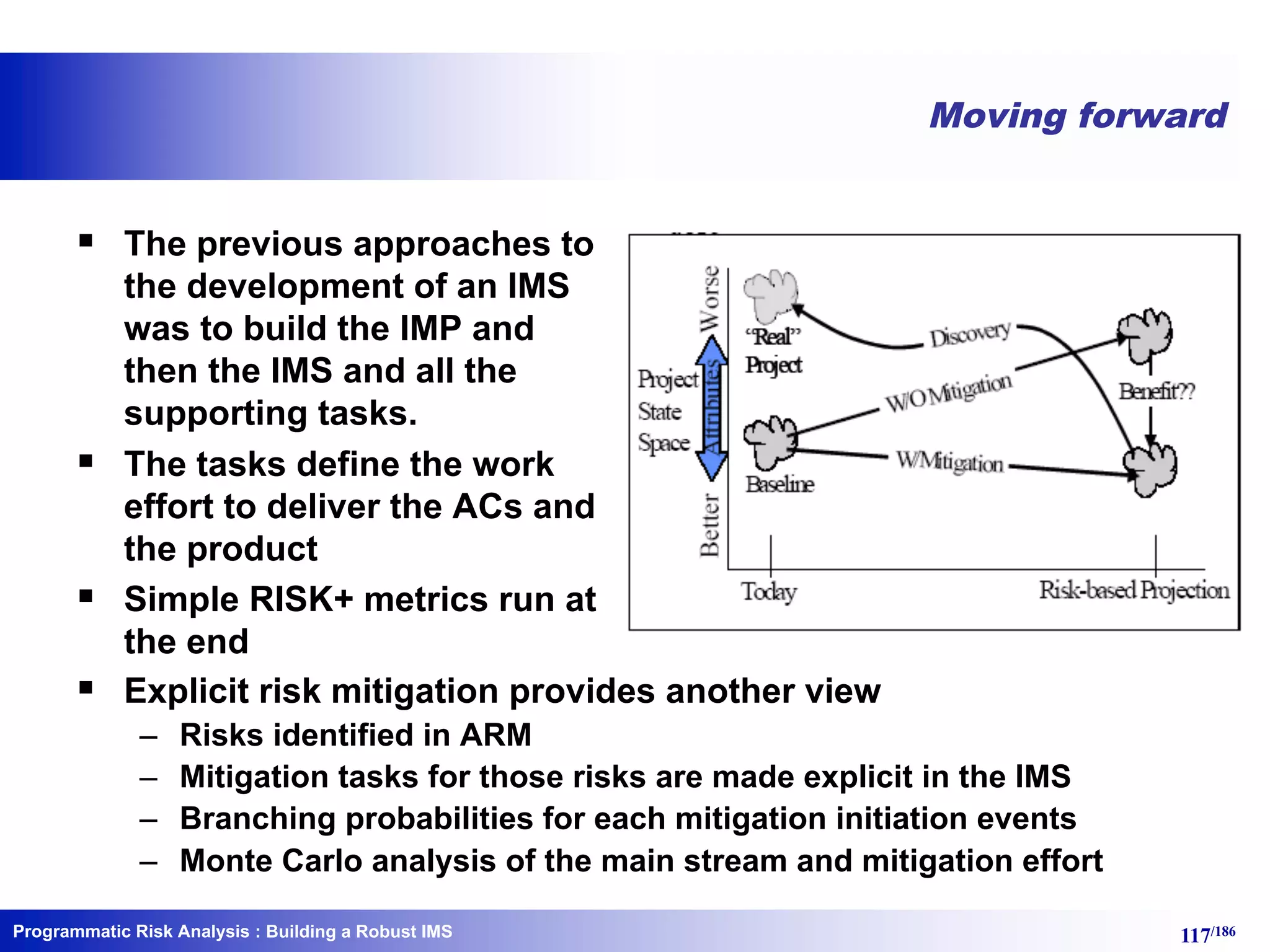 Programmatic Risk Analysis 117/186
Moving forward
§ The previous approaches to
the development of an IMS
was to build the IMP and
then the IMS and all the
supporting tasks.
§ The tasks define the work
effort to deliver the ACs and
the product
§ Simple RISK+ metrics run at
the end
§ Explicit risk mitigation provides another view
– Risks identified in ARM
– Mitigation tasks for those risks are made explicit in the IMS
– Branching probabilities for each mitigation initiation events
– Monte Carlo analysis of the main stream and mitigation effort
: Building a Robust IMS
 