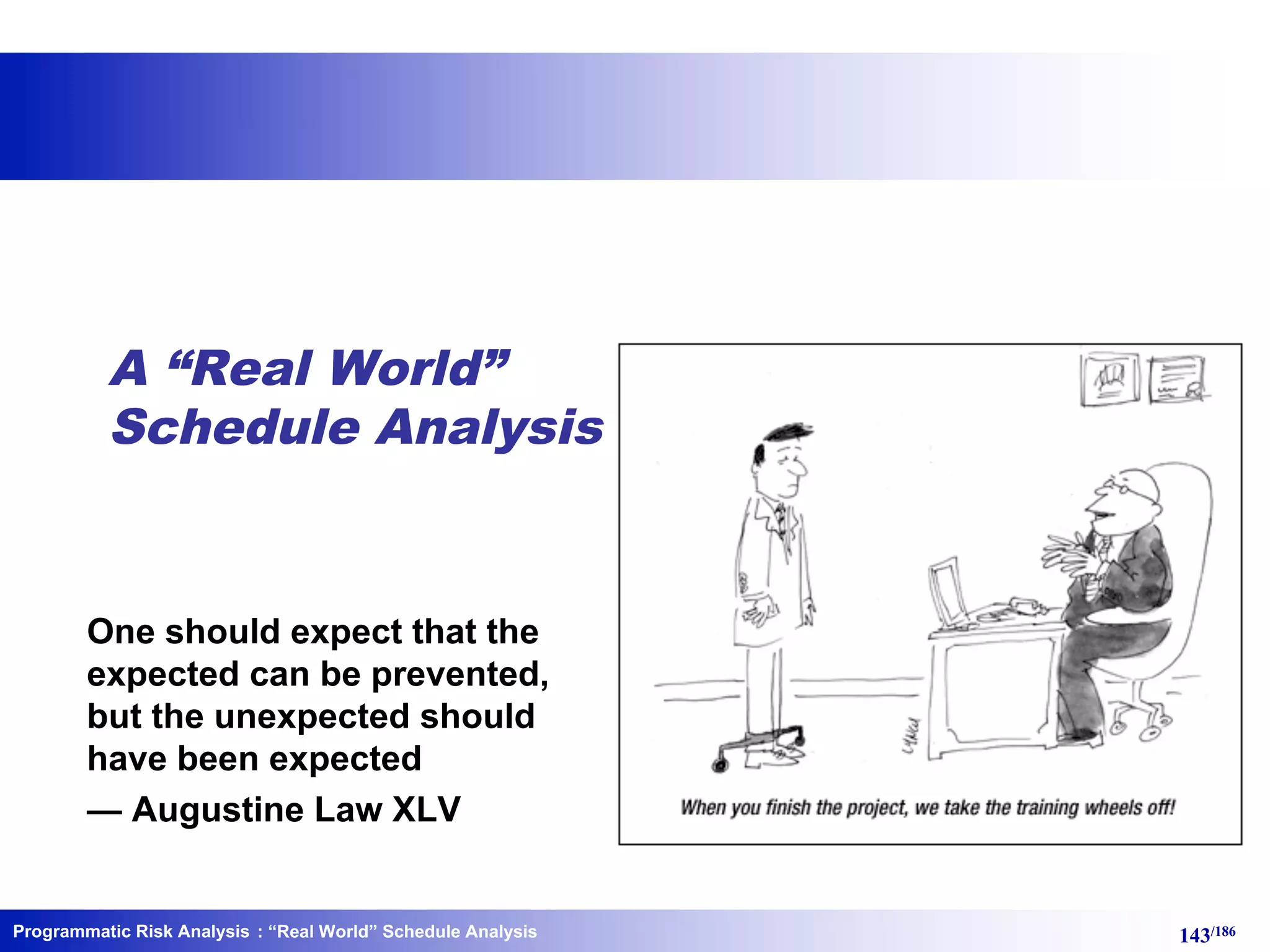 Programmatic Risk Analysis 143/186
A “Real World”
Schedule Analysis
One should expect that the
expected can be prevented,
but the unexpected should
have been expected
— Augustine Law XLV
: “Real World” Schedule Analysis
 