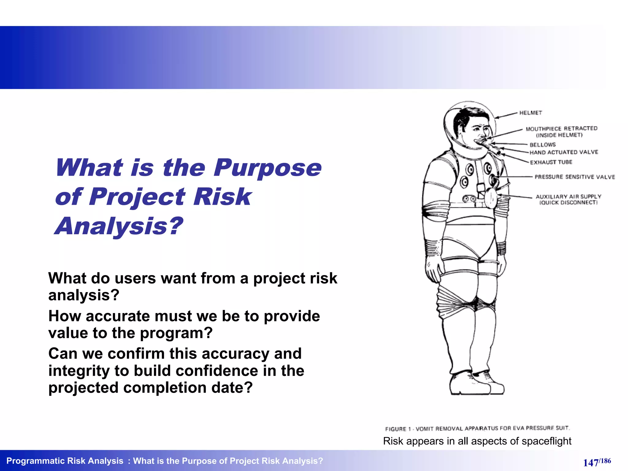 Programmatic Risk Analysis 147/186
What is the Purpose
of Project Risk
Analysis?
What do users want from a project risk
analysis?
How accurate must we be to provide
value to the program?
Can we confirm this accuracy and
integrity to build confidence in the
projected completion date?
: What is the Purpose of Project Risk Analysis?
Risk appears in all aspects of spaceflight
 