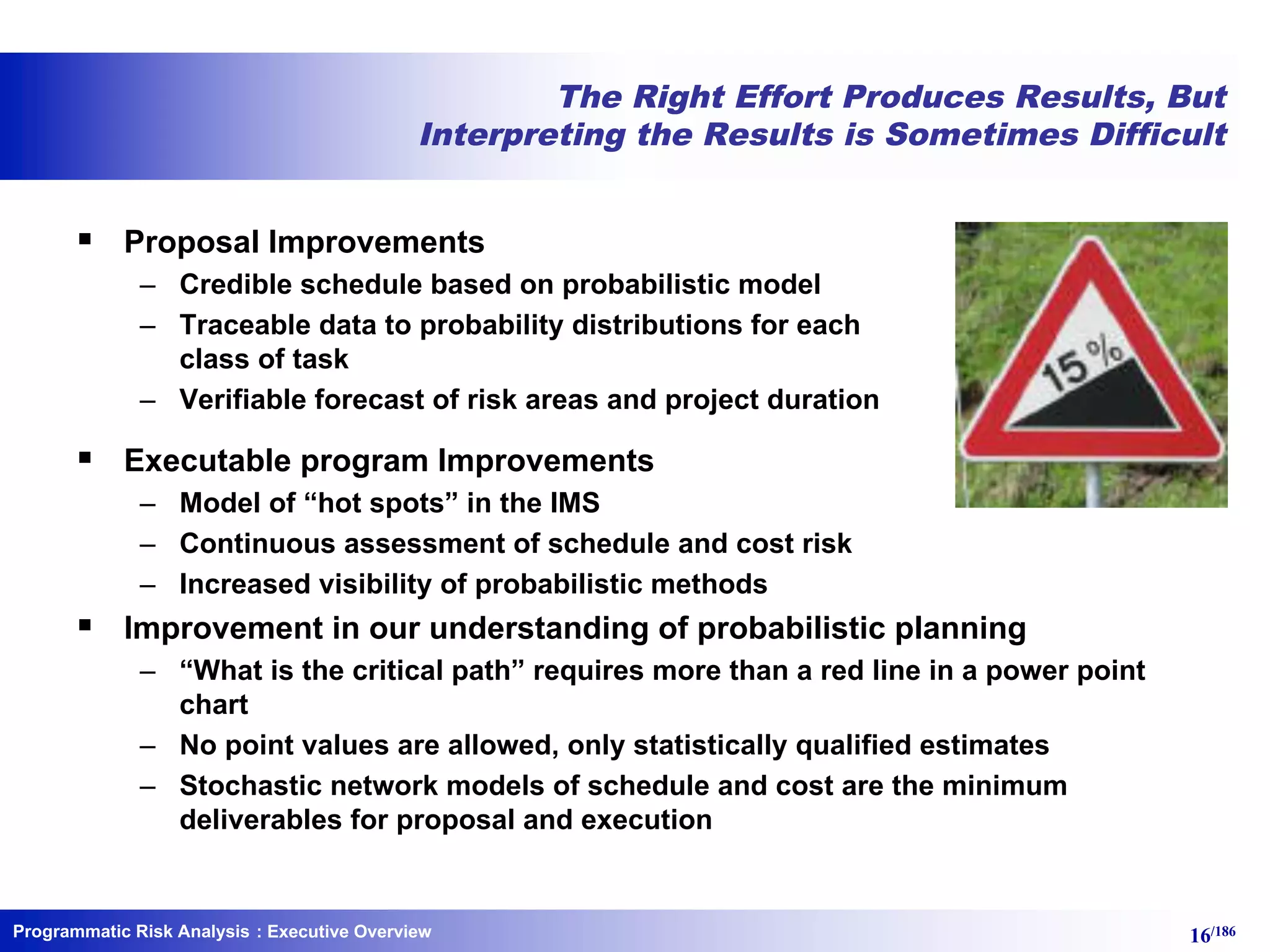 Programmatic Risk Analysis 16/186
The Right Effort Produces Results, But
Interpreting the Results is Sometimes Difficult
§ Proposal Improvements
– Credible schedule based on probabilistic model
– Traceable data to probability distributions for each
class of task
– Verifiable forecast of risk areas and project duration
§ Executable program Improvements
– Model of “hot spots” in the IMS
– Continuous assessment of schedule and cost risk
– Increased visibility of probabilistic methods
§ Improvement in our understanding of probabilistic planning
– “What is the critical path” requires more than a red line in a power point
chart
– No point values are allowed, only statistically qualified estimates
– Stochastic network models of schedule and cost are the minimum
deliverables for proposal and execution
: Executive Overview
 
