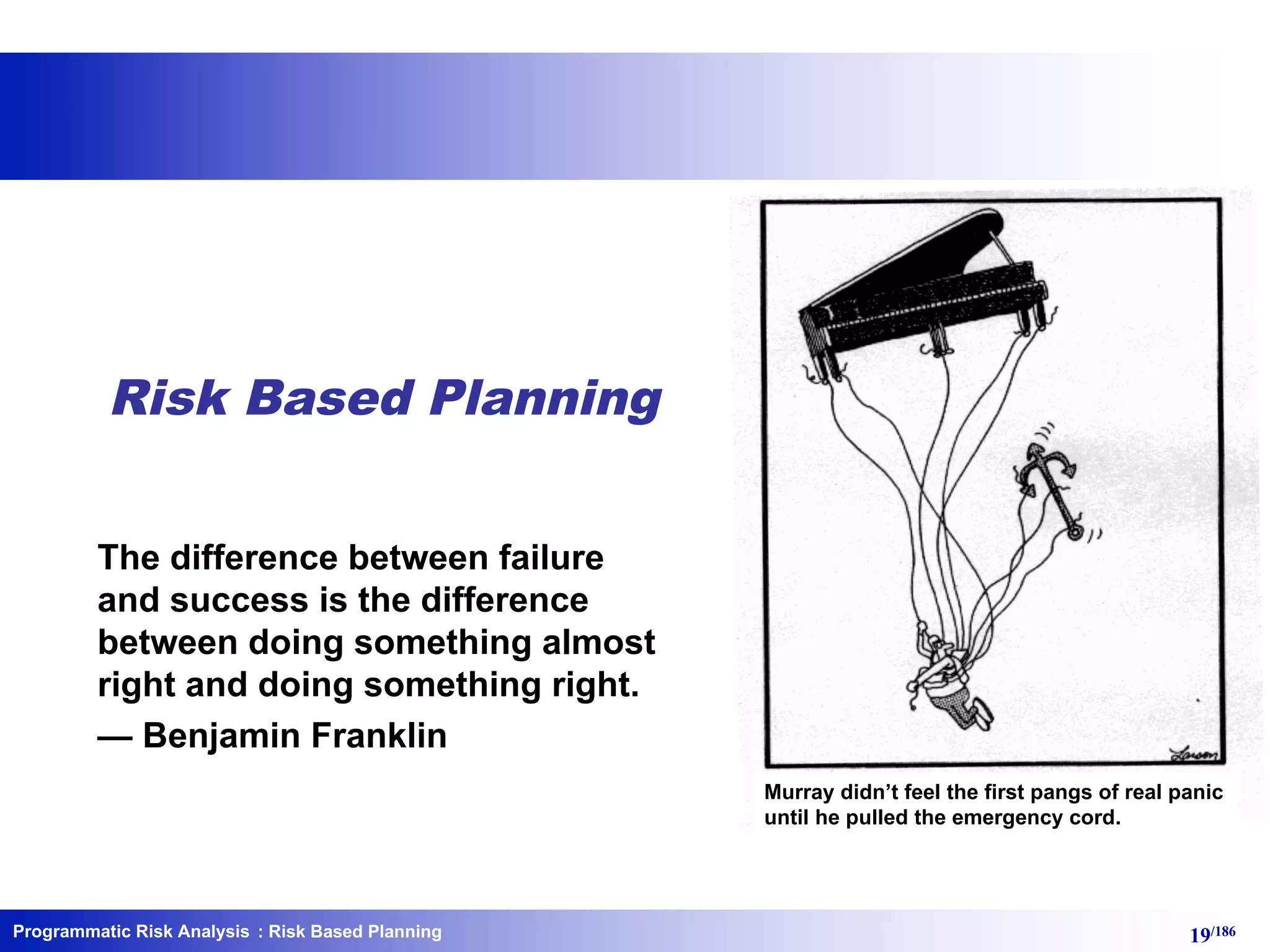 Programmatic Risk Analysis 19/186
Risk Based Planning
The difference between failure
and success is the difference
between doing something almost
right and doing something right.
— Benjamin Franklin
: Risk Based Planning
Murray didn’t feel the first pangs of real panic
until he pulled the emergency cord.
 