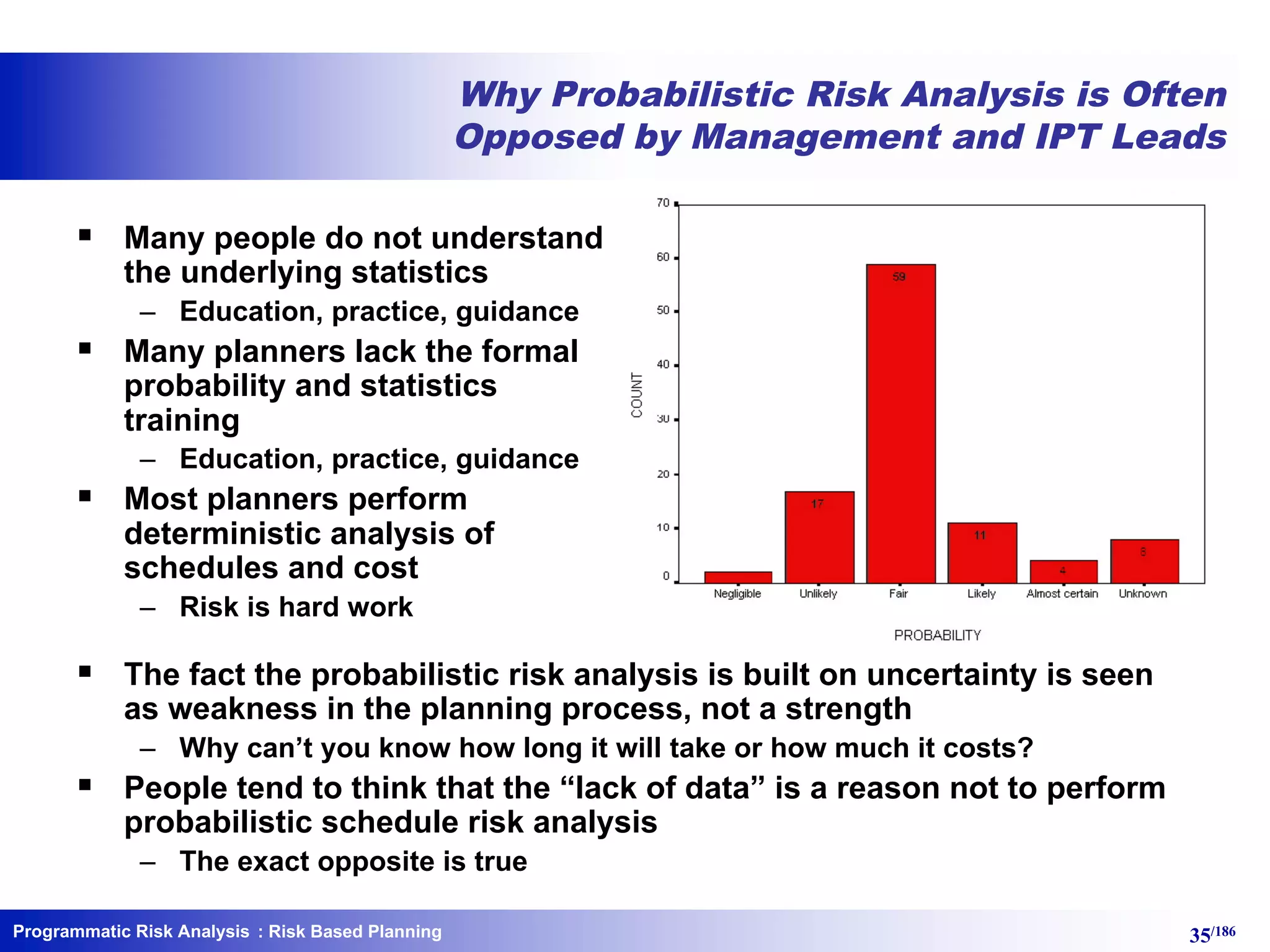 Programmatic Risk Analysis 35/186
Why Probabilistic Risk Analysis is Often
Opposed by Management and IPT Leads
§ Many people do not understand
the underlying statistics
– Education, practice, guidance
§ Many planners lack the formal
probability and statistics
training
– Education, practice, guidance
§ Most planners perform
deterministic analysis of
schedules and cost
– Risk is hard work
§ The fact the probabilistic risk analysis is built on uncertainty is seen
as weakness in the planning process, not a strength
– Why can’t you know how long it will take or how much it costs?
§ People tend to think that the “lack of data” is a reason not to perform
probabilistic schedule risk analysis
– The exact opposite is true
: Risk Based Planning
 