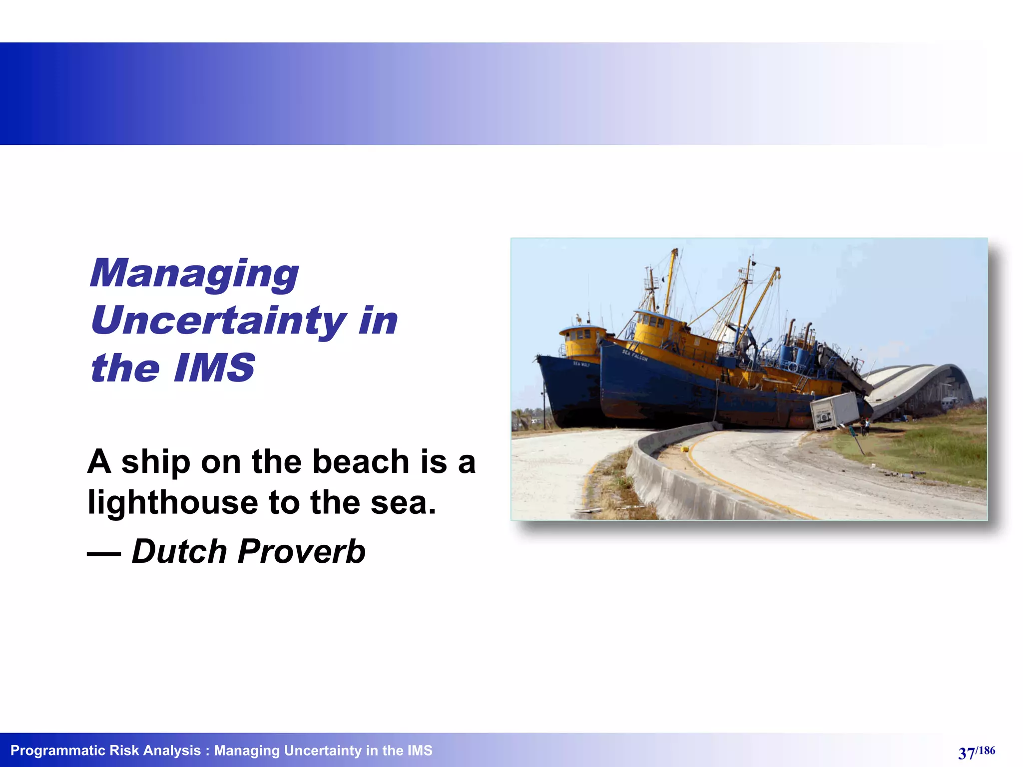 Programmatic Risk Analysis 37/186
Managing
Uncertainty in
the IMS
A ship on the beach is a
lighthouse to the sea.
— Dutch Proverb
: Managing Uncertainty in the IMS
 