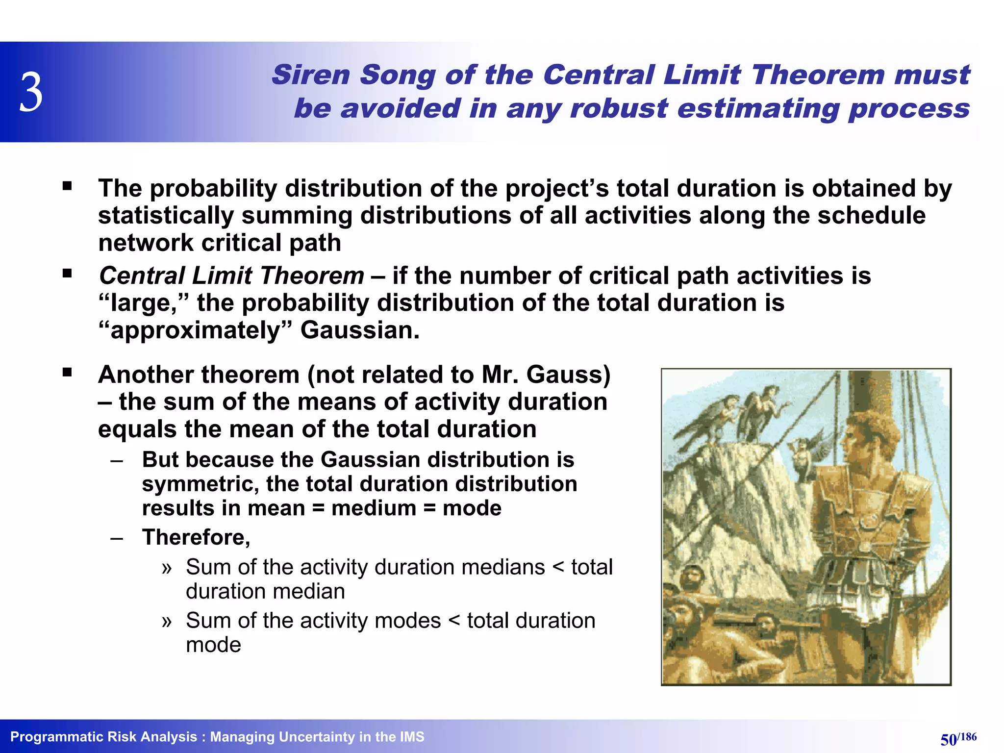 Programmatic Risk Analysis 50/186
Siren Song of the Central Limit Theorem must
be avoided in any robust estimating process
§ The probability distribution of the project’s total duration is obtained by
statistically summing distributions of all activities along the schedule
network critical path
§ Central Limit Theorem – if the number of critical path activities is
“large,” the probability distribution of the total duration is
“approximately” Gaussian.
§ Another theorem (not related to Mr. Gauss)
– the sum of the means of activity duration
equals the mean of the total duration
– But because the Gaussian distribution is
symmetric, the total duration distribution
results in mean = medium = mode
– Therefore,
» Sum of the activity duration medians < total
duration median
» Sum of the activity modes < total duration
mode
: Managing Uncertainty in the IMS
3
 