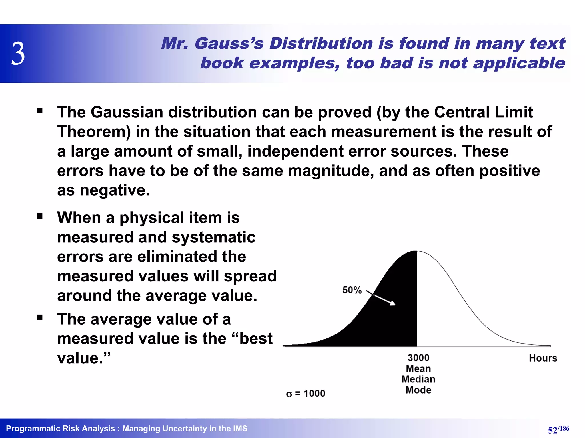 Programmatic Risk Analysis 52/186
Mr. Gauss’s Distribution is found in many text
book examples, too bad is not applicable
§ The Gaussian distribution can be proved (by the Central Limit
Theorem) in the situation that each measurement is the result of
a large amount of small, independent error sources. These
errors have to be of the same magnitude, and as often positive
as negative.
§ When a physical item is
measured and systematic
errors are eliminated the
measured values will spread
around the average value.
§ The average value of a
measured value is the “best
value.”
: Managing Uncertainty in the IMS
3
 