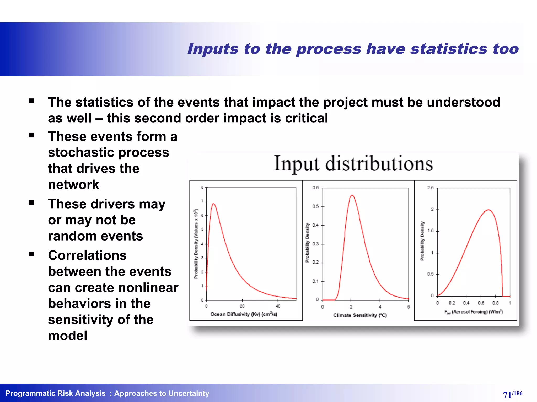 Programmatic Risk Analysis 71/186
Inputs to the process have statistics too
§ The statistics of the events that impact the project must be understood
as well – this second order impact is critical
§ These events form a
stochastic process
that drives the
network
§ These drivers may
or may not be
random events
§ Correlations
between the events
can create nonlinear
behaviors in the
sensitivity of the
model
: Approaches to Uncertainty
 