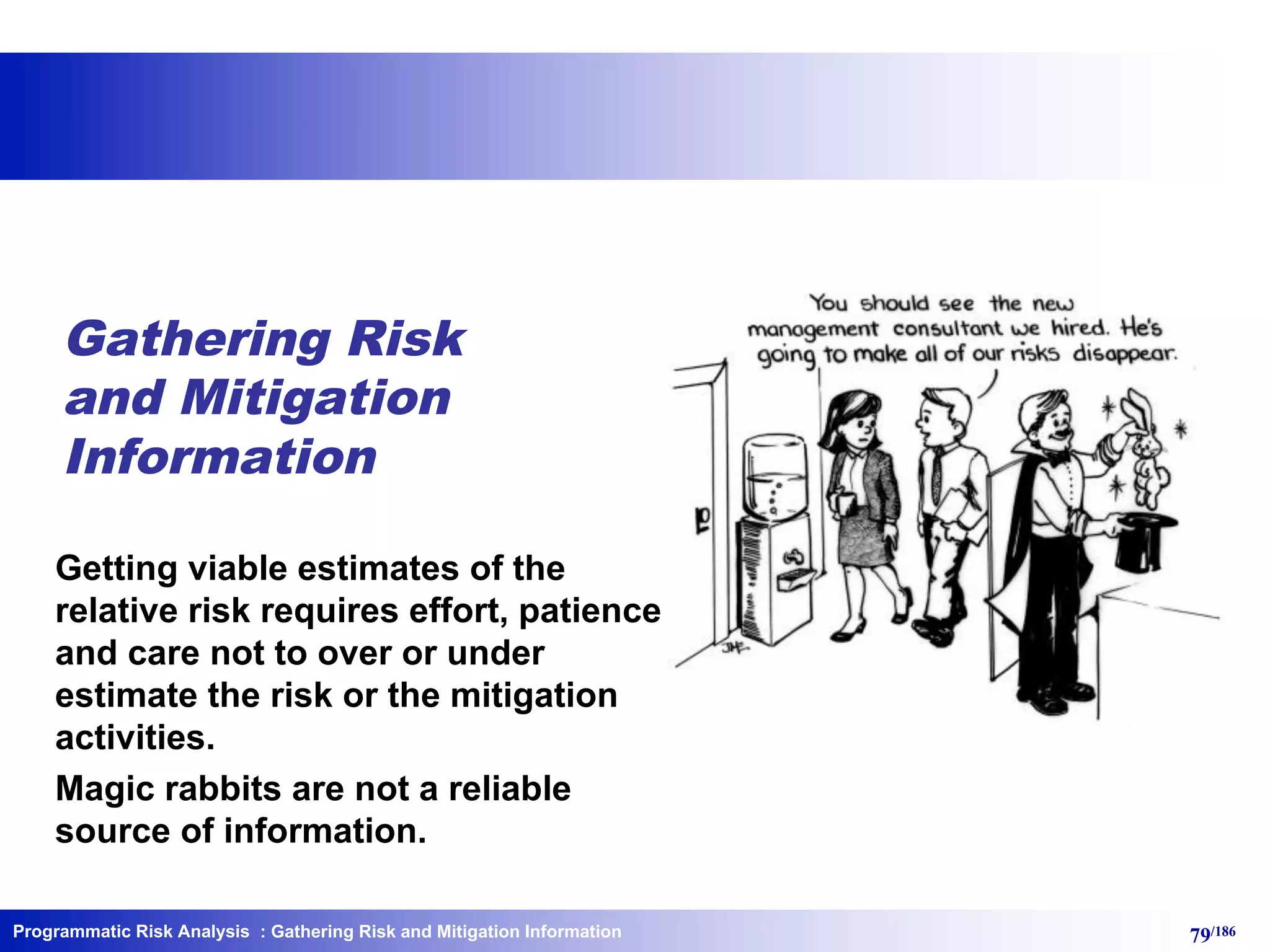 Programmatic Risk Analysis 79/186
Gathering Risk
and Mitigation
Information
Getting viable estimates of the
relative risk requires effort, patience
and care not to over or under
estimate the risk or the mitigation
activities.
Magic rabbits are not a reliable
source of information.
: Gathering Risk and Mitigation Information
 