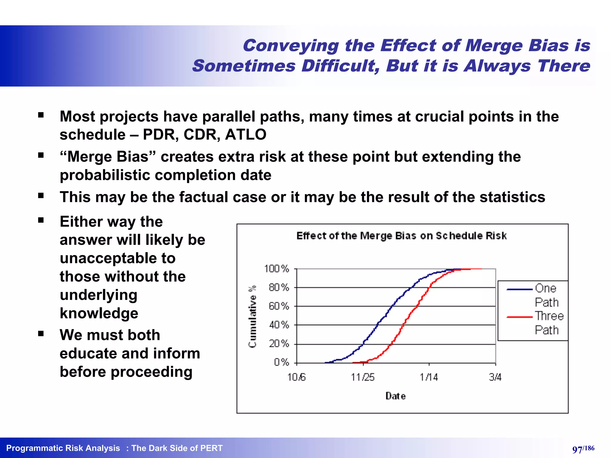 Programmatic Risk Analysis 97/186
Conveying the Effect of Merge Bias is
Sometimes Difficult, But it is Always There
§ Most projects have parallel paths, many times at crucial points in the
schedule – PDR, CDR, ATLO
§ “Merge Bias” creates extra risk at these point but extending the
probabilistic completion date
§ This may be the factual case or it may be the result of the statistics
§ Either way the
answer will likely be
unacceptable to
those without the
underlying
knowledge
§ We must both
educate and inform
before proceeding
: The Dark Side of PERT
 