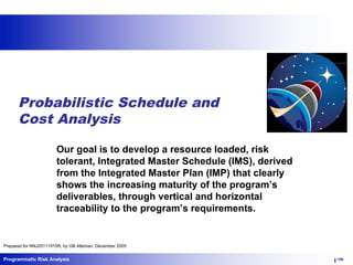 Programmatic Risk Analysis 1/186
Probabilistic Schedule and
Cost Analysis
Our goal is to develop a resource loaded, risk
tolerant, Integrated Master Schedule (IMS), derived
from the Integrated Master Plan (IMP) that clearly
shows the increasing maturity of the program’s
deliverables, through vertical and horizontal
traceability to the program’s requirements.
Prepared for NNJ05111915R, by GB Alleman, December 2005
 
