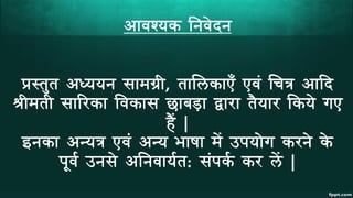 आ वश्यक निवेदि
प्रस्तुत आध्ययि स मग्री, त लिक एँ एवं लित्र आ दद
श्रीमती स रिक ववक स छ बड़ द्व ि तैय ि वकये गए
हैं |
इिक आन्यत्र एवं आन्य भ ष में उपय ेग कििे के
पूवव उिसे आनिव यवत: संपकव कि िें |
 