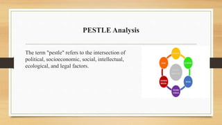 PESTLE Analysis
The term "pestle" refers to the intersection of
political, socioeconomic, social, intellectual,
ecological, and legal factors.
 
