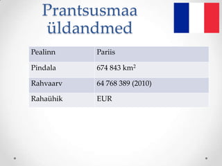 Prantsusmaa
   üldandmed
Pealinn    Pariis

Pindala    674 843 km2

Rahvaarv   64 768 389 (2010)

Rahaühik   EUR
 