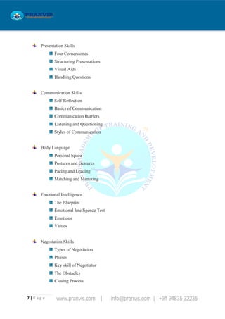 7 | P a g e www.pranvis.com | info@pranvis.com | +91 94835 32235
Presentation Skills
Four Cornerstones
Structuring Presentations
Visual Aids
Handling Questions
Communication Skills
Self-Reflection
Basics of Communication
Communication Barriers
Listening and Questioning
Styles of Communication
Body Language
Personal Space
Postures and Gestures
Pacing and Leading
Matching and Mirroring
Emotional Intelligence
The Blueprint
Emotional Intelligence Test
Emotions
Values
Negotiation Skills
Types of Negotiation
Phases
Key skill of Negotiator
The Obstacles
Closing Process
 