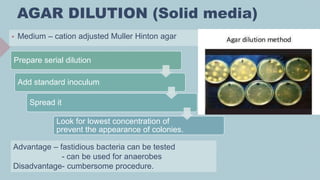 AGAR DILUTION (Solid media)
 Medium – cation adjusted Muller Hinton agar
Prepare serial dilution
Add standard inoculum
Spread it
Look for lowest concentration of
prevent the appearance of colonies.
Advantage – fastidious bacteria can be tested
- can be used for anaerobes
Disadvantage- cumbersome procedure.
 