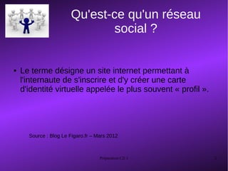 Préparation C2i 1 2
Qu'est-ce qu'un réseau
social ?
● Le terme désigne un site internet permettant à
l'internaute de s'inscrire et d'y créer une carte
d'identité virtuelle appelée le plus souvent « profil ».
Source : Blog Le Figaro.fr – Mars 2012
 
