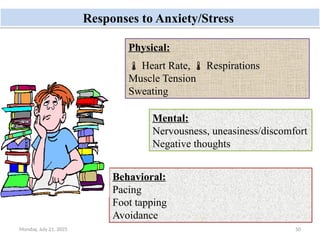 Monday, July 21, 2025 50
Responses to Anxiety/Stress
Physical:
 Heart Rate,  Respirations
Muscle Tension
Sweating
Mental:
Nervousness, uneasiness/discomfort
Negative thoughts
Behavioral:
Pacing
Foot tapping
Avoidance
 