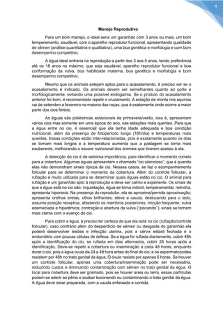 Manejo Reprodutivo 
Para um bom manejo, o ideal seria um garanhão com 3 anos ou mais, um bom temperamento, saudável, com o aparelho reprodutor funcional, apresentando qualidade de sêmen (análise quantitativa e qualitativa), uma boa genética e morfologia e com bom desempenho competitivo. 
A égua ideal entraria na reprodução a partir dos 3 aos 5 anos, tendo preferência até os 18 anos no máximo, que seja saudável, aparelho reprodutor funcional e boa conformação da vulva, boa habilidade materna, boa genética e morfologia e bom desempenho competitivo. 
Mesmo que os animais estejam aptos para o acasalamento, é preciso ver se o acasalamento é indicado. Os animais devem ser semelhantes quanto ao porte e morfologicamente, evitando uma possível endogamia. Se o produto do acasalamento anterior for bom, é recomendado repetir o cruzamento. A estação de monta nos equinos vai de setembro a fevereiro na maioria das raças, que é exatamente onde ocorre a maior parte dos cios férteis. 
As éguas são poliéstricas estacionais de primavera/verão, isso é, apresentam vários cios mas somente em uma época do ano, nas estações mais quentes. Para que a égua entre no cio, é essencial que ela tenha idade adequada e boa condição nutricional, além da presença de fotoperíodo longo (16h/dia) e temperaturas mais quentes. Essas condições estão inter-relacionadas, pois é exatamente quando os dias se tornam mais longos e a temperatura aumenta que a pastagem se torna mais exuberante, melhorando o escore nutricional dos animais que tiverem acesso à ela. 
A detecção do cio é de extrema importância, para identificar o momento correto para a cobertura. Algumas éguas apresentam o chamado “cio silencioso”, que é quando elas não demonstram sinais típicos de cio. Nesses casos, se faz o acompanhamento folicular para se determinar o momento da cobertura. Além do controle folicular, a rufiação é muito utilizada para se determinar quais éguas estão no cio. O animal para rufiação é um garanhão apto à reprodução e deve ser calmo e experiente. Os sinais de que a égua está no cio são: inquietação, égua se torna indócil, temperamental, relincha, apresenta hiporexia. Na presença do reprodutor, ela se aproxima/permite aproximação; apresenta orelhas eretas, olhos brilhantes; eleva a cauda, deslocando para o lado; assume posição receptiva, afastando os membros posteriores; micção frequente; vulva edemaciada e hiperêmica; contração e abertura da vulva (“piscando”); sinais se tornam mais claros com o avanço do cio. 
Para cobrir a égua, é preciso ter certeza de que ela está no cio (rufiação/controle folicular), caso contrário além do desperdício de sêmen ou desgaste do garanhão ela poderá desenvolver lesões e infecção uterina, pois a cérvix estará fechada e o endométrio com poucas células de defesa. Se a égua for rufiada diariamente, cobrir 48h após a identificação do cio, se rufiada em dias alternados, cobrir 24 horas após a identificação. Deve-se repetir a cobertura ou inseminação a cada 48 horas, enquanto durar o cio, pois a égua ovula de 24 a 48 hora antes do final do cio; e os espermatozoides resistem por 48h no trato genital da égua. O óvulo resiste por apenas 6 horas. Se houver um controle folicular, apenas uma cobertura/inseminação pode ser necessária, reduzindo custos e diminuindo contaminação com sêmen no trato genital da égua. O local para cobertura deve ser gramado, pois se houver areia ou terra, essas partículas podem se aderir ao pênis e acabar lesionando ou contaminando o trato genital da égua. A égua deve estar preparada, com a cauda enfaixada e contida. 
4  