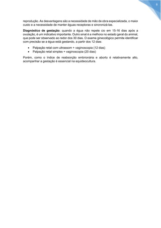 reprodução. As desvantagens são a necessidade de mão de obra especializada, o maior custo e a necessidade de manter éguas receptoras e sincronizá-las. 
Diagnóstico de gestação: quando a égua não repete cio em 15-16 dias após a ovulação, é um indicativo importante. Outro sinal é a melhora no estado geral do animal, que pode ser observado ao redor dos 30 dias. O exame ginecológico permite identificar com precisão se a égua está gestando, a partir dos 12 dias: 
 Palpação retal com ultrassom + vaginoscopia (12 dias) 
 Palpação retal simples + vaginoscopia (20 dias) 
Porém, como o índice de reabsorção embrionária e aborto é relativamente alto, acompanhar a gestação é essencial na equideocultura. 
6  