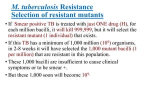 M. tuberculosis Resistance
Selection of resistant mutants
• If Smear positive TB is treated with just ONE drug (H), for
each million bacilli, it will kill 999,999, but it will select the
resistant mutant (1 individual) that exists.
• If this TB has a minimum of 1,000 million (109) organisms,
in 2-8 weeks it will have selected the 1,000 mutant bacilli (1
per million) that are resistant in this population.
• These 1,000 bacilli are insufficient to cause clinical
symptoms or to be smear +.
• But these 1,000 soon will become 109.
 