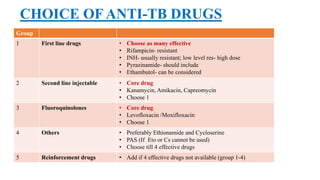 CHOICE OF ANTI-TB DRUGS
Group
1 First line drugs • Choose as many effective
• Rifampicin- resistant
• INH- usually resistant; low level res- high dose
• Pyrazinamide- should include
• Ethambutol- can be considered
2 Second line injectable • Core drug
• Kanamycin, Amikacin, Capreomycin
• Choose 1
3 Fluoroquinolones • Core drug
• Levofloxacin /Moxifloxacin
• Choose 1
4 Others • Preferably Ethionamide and Cycloserine
• PAS (If Eto or Cs cannot be used)
• Choose till 4 effective drugs
5 Reinforcement drugs • Add if 4 effective drugs not available (group 1-4)
 