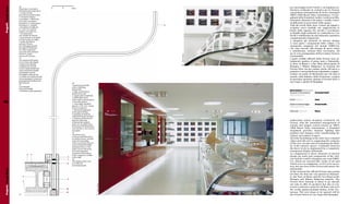 5

10cm

5

Santi Caleca

0

12

98

1

2
6
7

Projects Ferrari Store

8

10
Construction details
of the exhibition
balustrade:
1. high-performance
elasticized resin;
2. elastic slab in anidride;
3. HEM 100 in steel
with reinforcement plates;
4. drywall surface;
5. extra-light stratified
glass 8 + 2.28 + 8; 6. elastic
joint in neoprene;
7. 20 mm through hole
on the glass 20 mm;
8. packing on brugola
with flared head, in salpa;
9. 30 mm reinforcement
plate for fastening
of balustrade support
plate; 10. rounded caster
in brushed 10/10 stainless
steel 10/10; 11. 25 x 25 mm
iron plate
11
The showcases
on the ground floor have
no sharp corners, but soft
contours reminding
of the racetracks; they are
made in high-flexibility
aluminum staves. One
of the screens showing
the most important
moments of the history
of the company is visible
to the right
12
The images of the cars
are reflected
in the balustrade

Arredi Forniture

9

11
10

11

Sensormatic

Video wall Video wall

4

Lisar

Sistema antitaccheggio
Thief-proof device

3

10

per una lunghezza di 5 metri, e un impianto audiovisivo realizzato in esclusiva per la Ferrari,
con gestione automatizzata di suoni e immagini
MBVA (Midi Based Video Automation). Un megabank della Zumtobel, inoltre, realizza un’illuminazione dinamica che pulsa e cambia colore,
modificando la percezione dello spazio.
Tutti gli arredi dello store evitano gli spigoli e
scelgono curve morbide che suggeriscono le
forme delle sagome dei circuiti e accentuano
la fluidità degli ambienti; la continuità tra i tre
livelli è sottolineata da una balaustra espositiva
completamente trasparente.
A integrare gli elementi di interior design,
ci sono parti e componenti delle vetture e la
monoposto campione del mondo F2003-GA,
che sono inserite alla stregua di opere d’arte
e sottolineano, semmai fosse necessario, chi
sia la vera protagonista dell’avventura Ferrari:
l’automobile.
I punti vendita ufficiali della Ferrari sono attualmente quattro: il primo nato a Maranello,
lo Store di Roma e i due Shop all’aeroporto di
Bologna e Milano Malpensa. La formula del
Ferrari Store sta per andare anche all’estero a
proporre i suoi prodotti ma soprattutto a rappresentare un punto di riferimento per chi ama il
mondo, tutto italiano, della Testarossa: i negozi
di prossima apertura saranno il Ferrari Store a
Las Vegas e quello di Shanghai.

Informazioni Information
Elementi d’illuminazione
Zumtobel Staff
Lighting elements

Santi Caleca

Progetti Ferrari Store

10
Particolare costruttivo
della balaustra espositiva:
1. resina ad alta
prestazione elasticizzata;
2. massetto elastico
in anidride; 3. HEM 100
in acciaio con piastre
di rinforzo; 4. cartongesso
di finitura; 5. cristallo
extrachiaro stratificato
8 + 2.28 + 8; 6. giunto
elastico in neoprene;
7. foro passante
sul cristallo da 20 mm;
8. guarnizione su brugola
a testa svasata, in salpa;
9. piatto di rinforzo
spessore 30 mm
per il fissaggio piastra
di supporto balaustra;
10. caster sagomato
in acciaio inox satinato
10/10; 11. piatto
in ferro 25 x 25 mm
11
Gli espositori del piano
terra evitano gli spigoli
e hanno una sagoma
morbida che ricorda
le piste degli autodromi;
sono realizzati in doghe
di alluminio ad alta
flessibilità. Sulla destra
è visibile uno degli schermi
che propongono i momenti
più importanti della storia
dell’azienda
12
Le immagini
delle automobili
si riflettono nella balaustra

Barco

audiovisual system designed exclusively for
Ferrari, with the automated management of
sounds and images system known as MBVA
(Midi Based Video Automation). A Zumtobel
megabank provides dynamic lighting that
pulsates and changes color, transforming the
visitors’ perception of space.
All of the furnishings in the store have rounded
edges and soft curves, suggesting the contours
of the race circuits and accentuating the fluidity of the interior spaces. Continuity between
the three levels is emphasized by a completely
transparent display balustrade.
As complement to these elements of interior
design are parts and components of the vehicles and the world’s champion one-seat F2003GA, which are inserted like works of art and
which serve to emphasize, as if it were necessary, the true hero of the Ferrari adventure: the
automobile.
At the moment the official Ferrari sales points
are four: the first one was opened in Maranello, the Store in Rome and the two Shops at the
Bologna and Milano Malpensa airports. The
Ferrari Store formula is about to go abroad,
not only to offer its products but also to represent a reference point for all those who love
the world, quintessentially Italian, of the Testarossa. The next shops to be opened will be
the Ferrari Stores in Las Vegas and Shanghai.

 