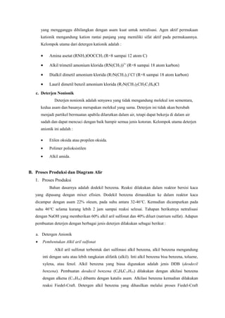 yang mengganggu dihilangkan dengan asam kuat untuk netralisasi. Agen aktif permukaan
       kationik mengandung kation rantai panjang yang memiliki sifat aktif pada permukaannya.
       Kelompok utama dari detergen kationik adalah :

       •    Amina asetat (RNH3)OOCCH3 (R=8 sampai 12 atom C)

       •    Alkil trimetil amonium klorida (RN(CH3))3+ (R=8 sampai 18 atom karbon)

       •    Dialkil dimetil amonium klorida (R2N(CH3)2)+Cl- (R=8 sampai 18 atom karbon)

       •    Lauril dimetil benzil amonium klorida (R2N(CH3)2CH2C2H6)Cl

   c. Deterjen Nonionik
               Deterjen nonionik adalah senyawa yang tidak mengandung molekul ion sementara,
       kedua asam dan basanya merupakan molekul yang sama. Deterjen ini tidak akan berubah
       menjadi partikel bermuatan apabila dilarutkan dalam air, tetapi dapat bekerja di dalam air
       sadah dan dapat mencuci dengan baik hampir semua jenis kotoran. Kelompok utama deterjen
       anionik ini adalah :

       •    Etilen oksida atau propilen oksida.
       •    Polimer polioksistilen
       •    Alkil amida.


B. Proses Produksi dan Diagram Alir
   1. Proses Produksi
            Bahan dasarnya adalah dodekil benzena. Reaksi dilakukan dalam reaktor bersisi kaca
   yang dipasang dengan mixer efisien. Dodekil benzena dimasukkan ke dalam reaktor kaca
   dicampur dengan asam 22% oleum, pada suhu antara 32-46°C. Kemudian dicampurkan pada
   suhu 46°C selama kurang lebih 2 jam sampai reaksi selesai. Tahapan berikutnya netralisasi
   dengan NaOH yang memberikan 60% alkil aril sulfonat dan 40% diluet (natrium sulfat). Adapun
   pembuatan deterjen dengan berbagai jenis deterjen dilakukan sebagai berikut :

   a. Detergen Anionik
   •    Pembentukan Alkil aril sulfonat
               Alkil aril sulfonat terbentuk dari sulfonasi alkil benzena, alkil benzena mengandung
        inti dengan satu atau lebih rangkaian alifatik (alkil). Inti alkil benzena bisa benzena, toluene,
        xylena, atau fenol. Alkil benzena yang biasa digunakan adalah jenis DDB (deodecil
        benzena). Pembuatan deodecil benzena (C6H6C12H25) dilakukan dengan alkilasi benzena
        dengan alkena (C12H24) dibantu dengan katalis asam. Alkilasi benzena kemudian dilakukan
        reaksi Fiedel-Craft. Detergen alkil benzena yang dihasilkan melalui proses Fiedel-Craft
 