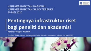 Pentingnya infrastruktur riset
bagi peneliti dan akademisi
Hendro Subagyo, PDDI LIPI
Pra Rilis RINArxiv dan Kebangkitan Sains Terbuka Indonesia. Jakarta, 20 Mei 2020
HARI KEBANGKITAN NASIONAL
HARI KEBANGKITAN SAINS TERBUKA
20 MEI 2020
 