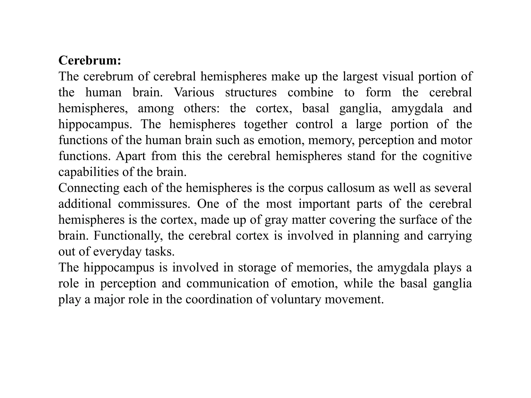 Cerebrum:
The cerebrum of cerebral hemispheres make up the largest visual portion of
the human brain. Various structures combine to form the cerebral
hemispheres, among others: the cortex, basal ganglia, amygdala and
hippocampus. The hemispheres together control a large portion of the
functions of the human brain such as emotion, memory, perception and motor
functions. Apart from this the cerebral hemispheres stand for the cognitive
capabilities of the brain.
Connecting each of the hemispheres is the corpus callosum as well as several
additional commissures. One of the most important parts of the cerebral
hemispheres is the cortex, made up of gray matter covering the surface of the
brain. Functionally, the cerebral cortex is involved in planning and carrying
out of everyday tasks.
The hippocampus is involved in storage of memories, the amygdala plays a
role in perception and communication of emotion, while the basal ganglia
play a major role in the coordination of voluntary movement.
 
