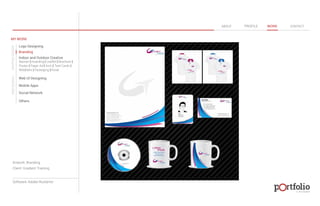 © 2013 DESIGN 
MY WORK 
Logo Designing 
Branding 
Indoor and Outdoor Creative 
ABOUT PROFILE WORK CONTACT 
Banner | Hoarding | Leaflet | Brochure | 
Poster | Paper Ad | Arch | Tent Cards | 
Wobblers | Packeging | Kiosk 
Web UI Designing 
Mobile Apps 
Social Network 
Others 
WEB DESIGN GRAPHIC DESIGN 
Artwork: Branding 
Client: Gradient Training 
Software: Adobe Illustartor 
 