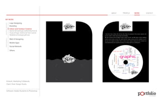 © 2013 DESIGN 
MY WORK 
Logo Designing 
Branding 
Indoor and Outdoor Creative 
ABOUT PROFILE WORK CONTACT 
Banner | Hoarding | Leaflet | Brochure | 
Poster | Paper Ad | Arch | Tent Cards | 
Wobblers | Packeging | Kiosk 
Web UI Designing 
Mobile Apps 
Social Network 
Others 
WEB DESIGN GRAPHIC DESIGN 
Artwork: Marketing Collaterals 
Client: River Design Studio 
Software: Adobe Illustartor & Photoshop 
 