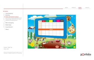 © 2013 DESIGN 
MY WORK 
Logo Designing 
Branding 
Indoor and Outdoor Creative 
ABOUT PROFILE WORK CONTACT 
Banner | Hoarding | Leaflet | Brochure | 
Poster | Paper Ad | Arch | Tent Cards | 
Wobblers | Packeging | Kiosk 
Web UI Designing 
Mobile Apps 
Social Network 
Others 
WEB DESIGN GRAPHIC DESIGN 
Artwork: Table Top 
Client: GFA 
Software: Adobe Illustartor & Photoshop 
 