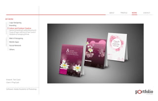 © 2013 DESIGN 
MY WORK 
Logo Designing 
Branding 
Indoor and Outdoor Creative 
ABOUT PROFILE WORK CONTACT 
Banner | Hoarding | Leaflet | Brochure | 
Poster | Paper Ad | Arch | Tent Cards | 
Wobblers | Packeging | Kiosk 
Web UI Designing 
Mobile Apps 
Social Network 
Others 
WEB DESIGN GRAPHIC DESIGN 
Artwork: Tent Card 
Client: YPayCash 
Software: Adobe Illustartor & Photoshop 
 