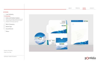 © 2013 DESIGN 
MY WORK 
Logo Designing 
Branding 
Indoor and Outdoor Creative 
ABOUT PROFILE WORK CONTACT 
Banner | Hoarding | Leaflet | Brochure | 
Poster | Paper Ad | Arch | Tent Cards | 
Wobblers | Packeging | Kiosk 
Web UI Designing 
Mobile Apps 
Social Network 
Others 
WEB DESIGN GRAPHIC DESIGN 
Artwork: Branding 
Client: Eco Care 
Software: Adobe Illustartor 
 