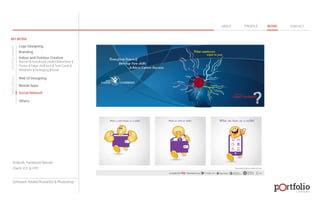 © 2013 DESIGN 
MY WORK 
Logo Designing 
Branding 
Indoor and Outdoor Creative 
ABOUT PROFILE WORK CONTACT 
Banner | Hoarding | Leaflet | Brochure | 
Poster | Paper Ad | Arch | Tent Cards | 
Wobblers | Packeging | Kiosk 
Web UI Designing 
Mobile Apps 
Social Network 
Others 
WEB DESIGN GRAPHIC DESIGN 
Artwork: Facebook Banner 
Client: ICC & YPC 
Software: Adobe Illustartor & Photoshop 
 