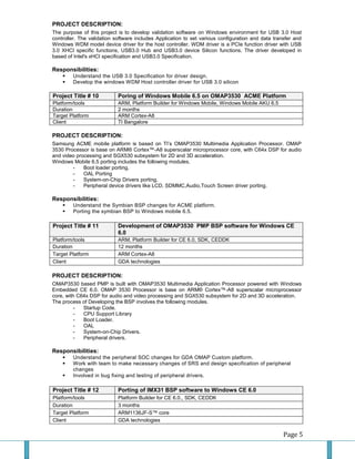 Page 5 
PROJECT DESCRIPTION: 
The purpose of this project is to develop validation software on Windows environment for USB 3.0 Host controller. The validation software includes Application to set various configuration and data transfer and Windows WDM model device driver for the host controller. WDM driver is a PCIe function driver with USB 3.0 XHCI specific functions, USB3.0 Hub and USB3.0 device Silicon functions. The driver developed in based of Intel's xHCI specification and USB3.0 Specification. 
Responsibilities: 
 Understand the USB 3.0 Specification for driver design. 
 Develop the windows WDM Host controller driver for USB 3.0 silicon 
Project Title # 10 Poring of Windows Mobile 6.5 on OMAP3530 ACME Platform 
Platform/tools 
ARM, Platform Builder for Windows Mobile, Windows Mobile AKU 6.5 
Duration 
2 months 
Target Platform 
ARM Cortex-A8 
Client 
TI Bangalore 
PROJECT DESCRIPTION: 
Samsung ACME mobile platform is based on TI’s OMAP3530 Multimedia Application Processor. OMAP 3530 Processor is base on ARM® Cortex™-A8 superscalar microprocessor core, with C64x DSP for audio and video processing and SGX530 subsystem for 2D and 3D acceleration. 
Windows Mobile 6.5 porting includes the following modules. 
- Boot loader porting. 
- OAL Porting 
- System-on-Chip Drivers porting. 
- Peripheral device drivers like LCD, SDMMC,Audio,Touch Screen driver porting. 
Responsibilities: 
 Understand the Symbian BSP changes for ACME platform. 
 Porting the symbian BSP to Windows mobile 6.5. 
Project Title # 11 Development of OMAP3530 PMP BSP software for Windows CE 6.0 
Platform/tools 
ARM, Platform Builder for CE 6.0, SDK, CEDDK 
Duration 
12 months 
Target Platform 
ARM Cortex-A8 
Client 
GDA technologies 
PROJECT DESCRIPTION: 
OMAP3530 based PMP is built with OMAP3530 Multimedia Application Processor powered with Windows Embedded CE 6.0. OMAP 3530 Processor is base on ARM® Cortex™-A8 superscalar microprocessor core, with C64x DSP for audio and video processing and SGX530 subsystem for 2D and 3D acceleration. 
The process of Developing the BSP involves the following modules. 
- Startup Code. 
- CPU Support Library 
- Boot Loader. 
- OAL 
- System-on-Chip Drivers. 
- Peripheral drivers. 
Responsibilities: 
 Understand the peripheral SOC changes for GDA OMAP Custom platform. 
 Work with team to make necessary changes of SRS and design specification of peripheral changes 
 Involved in bug fixing and testing of peripheral drivers. 
Project Title # 12 Porting of IMX31 BSP software to Windows CE 6.0 
Platform/tools 
Platform Builder for CE 6.0., SDK, CEDDK 
Duration 
3 months 
Target Platform 
ARM1136JF-S™ core 
Client 
GDA technologies  