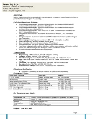 Page 1 
OBJECTIVE: 
Seeking a good opportunity that enables me to improve my skills, increase my practical experience, fulfill my personal ambitions and expand my knowledge. 
Profesional Experience Overview: 
 Strong hands-on experience in porting and development of boot loaders and Board support package on Windows mobile and windows CE platform. 
 Strong hands-on experience in porting and development of boot loaders and Board support package on Linux and android platform. 
 Strong hands-on experience in board bring-up of TI OMAP, TI Sitara am335x and SAMSUNG S5PC110 based SOC platform. 
 Strong hands-on experience in device driver development on Windows, Linux and Android platform. 
 Strong experience in development of Windows WDM based device driver and good knowledge of KMDF framework. 
 Extensive programming language experience in C,C++, C# and scripting on python. 
 In-depth knowledge of Windows Linux and android kernel. 
 Good knowledge on firmware development using IAR workbench. 
 Strong knowledge in post silicon validation of tested and untested samples. 
 Have strong analytical/problem-solving skills, team building, communication, self-initiative and fast to learn new skills/technologies and utilizing the same in a productive manner. 
 Strong knowledge on agile development methodologies. 
Technical Skills: 
 Programming: ARM assembly, C, C++,C#, and python scripting. 
 Operating System: Windows, Linux and Android. 
 Driver Technologies: Touch WLAN, USB, PCI, Serial, ADC, HID and Network drivers. 
 Build Tool: Visual Studio, Platform Builder, CCS, MSDDK, CMake, IAR workbench. Eclipse, arm- eabi-gcc. 
 Debuggers: GNU Debugger, WinDbg, MSVC Debugger, JTAG and oscilloscopes 
 Bus technologies: PCI, PCIe, USB 3.0, I2C, SPI, etc. 
 Version Control Software: Win CVs, Git, Tortoise CVs, VSS and Perforce. 
Educational Qualification: 
 Bachelor of Engineering (B-Tech) in Electronic & Communication engineering. 
Employment History: 
Name of the Company 
Post Held 
Duration 
CYIENT limited 
Senior Technical Lead 
July 2012- till date 
L&T InfoTech 
Project Lead 
Jan 2008 – June 2012 
Global edge Software (P) Ltd. 
Technical Lead 
Feb 2006 – Dec 2007 
Purple Vision Technologies (p) Ltd. 
Senior Staff Engg 
May 2005 - Feb 2006 
IBM Global Service Ltd. 
Senior Software Engg 
Nov 2004 - April 2005. 
HCL Technologies Ltd. 
Software Engg 
Nov 2003 - October 2004. 
Park Controls & Communication Ltd. 
Software Engg 
May 2000 - October 2003 
Key Customer project details: 
Project Title # 0 Android based Remote touch pad driver for MINIX OTT Box 
Platform/tools 
Android / C, ADB 
Duration 
July2014 – September 2014 
Target platform 
ARM Cortex-A9 MPCore 
Client 
PHILIPS Home Control Singapore 
PROJECT DESCRIPTION: 
Prasad Roy Raju: 
Technical Architect on Embedded System. 
Mobile : 9035237629 
Email : proy1234@gmail.com  