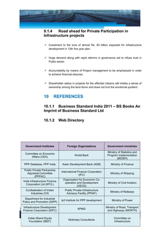 Project Management National Conference 2011                                            PMI India




                    9.1.4    Road ahead for Private Participation in
                    Infrastructure projects

                     Investment to the tune of almost Rs. 40 trillion expected for infrastructure
                      development in 12th five year plan.


                     Huge demand along with rapid reforms in governance set to infuse trust in
                      Public sector.


                     Accountability by means of Project management to be emphasized in order
                      to achieve financial closures.


                     Shareholder status in projects for the affected citizens will imbibe a sense of
                      ownership among the land donor and does not hurt the emotional quotient.


                    10      REFERENCES

                    10.1.1 Business Standard India 2011 – BS Books An
                    Imprint of Business Standard Ltd

                    10.1.2        Web Directory




    Government Institutes              Foreign Organizations            Government ministries

                                                                        Ministry of Statistics and
    Committee on Economic
                                             World Bank                 Program Implementation
        Affairs (CEA)
                                                                                (MOSPI)

   PPP Database, PPP India         Asian Development Bank (ADB)            Ministry of Finance

   Public Private Partnership
                                   International Finance Corporation
     Appraisal Committee                                                   Ministry of Shipping
                                                  (IFC)
           (PPPAC)
                                    Organization for Economic Co-
   India Infrastructure Finance
                                     operation and Development           Ministry of Civil Aviation
     Corporation Ltd (IIFCL)
                                               (OECD)
     Confederation of Indian         Public Private Infrastructure
                                                                           Ministry of Railways
        Industries (CII)              Advisory Facility (PPIAF)

   Department for Industrial
                                   Ip3 Institute for PPP development        Ministry of Power
  Policy and Promotion (DIPP)

   Infrastructure Development                                    Ministry of Road, Transport
17|P a g e Corporation (IDFC)
   Finance
                                                KPMG
                                                                  and Highways (MORTH)
 Application of Select Tools of Psychology for Effective Project Management
      Indian Brand Equity                                                     Committee on
                                        Mckinsey Consultants
       Foundation (IBEF)                                                      Infrastructure
 