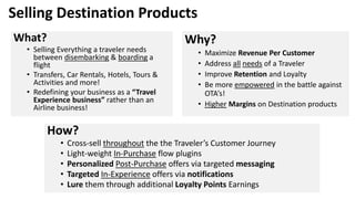 What?
• Selling Everything a traveler needs
between disembarking & boarding a
flight
• Transfers, Car Rentals, Hotels, Tours &
Activities and more!
• Redefining your business as a “Travel
Experience business” rather than an
Airline business!
Why?
• Maximize Revenue Per Customer
• Address all needs of a Traveler
• Improve Retention and Loyalty
• Be more empowered in the battle against
OTA’s!
• Higher Margins on Destination products
How?
• Cross-sell throughout the the Traveler’s Customer Journey
• Light-weight In-Purchase flow plugins
• Personalized Post-Purchase offers via targeted messaging
• Targeted In-Experience offers via notifications
• Lure them through additional Loyalty Points Earnings
Selling Destination Products
 