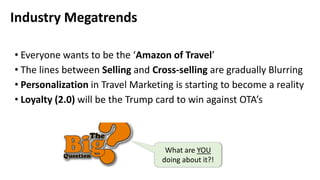 • Everyone wants to be the ‘Amazon of Travel’
• The lines between Selling and Cross-selling are gradually Blurring
• Personalization in Travel Marketing is starting to become a reality
• Loyalty (2.0) will be the Trump card to win against OTA’s
Industry Megatrends
What are YOU
doing about it?!
 