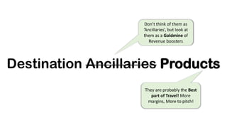 Destination Ancillaries Products
Don’t think of them as
‘Ancillaries’, but look at
them as a Goldmine of
Revenue boosters
They are probably the Best
part of Travel! More
margins, More to pitch!
 
