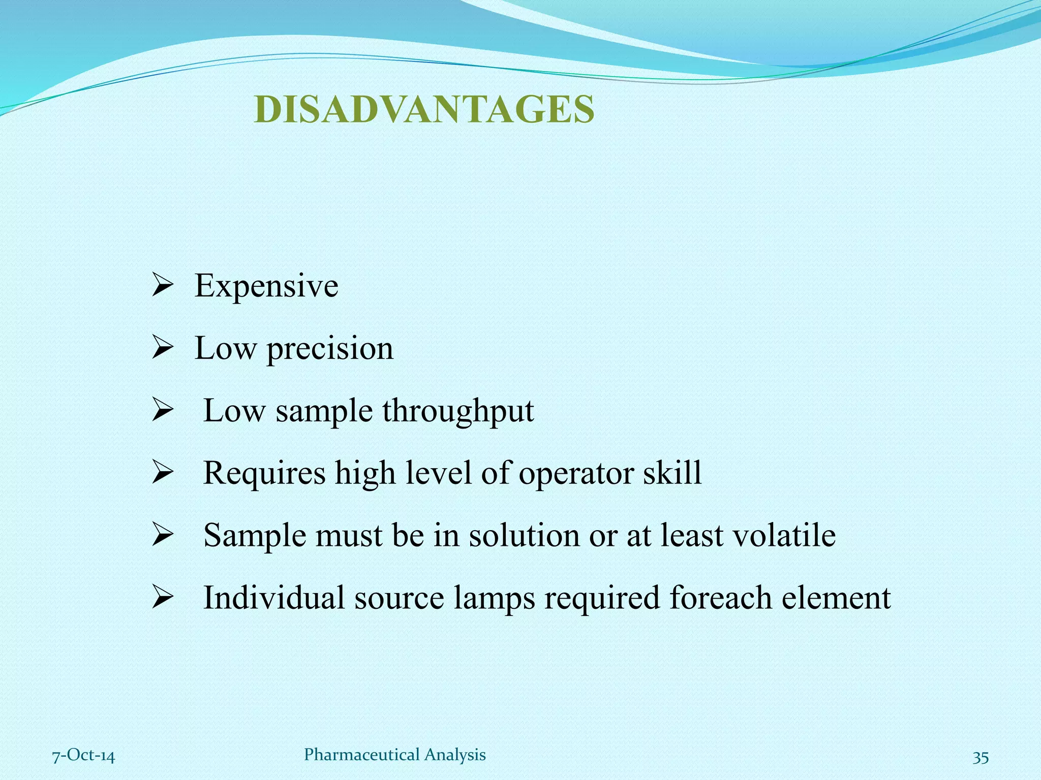 DISADVANTAGES 
 Expensive 
 Low precision 
 Low sample throughput 
 Requires high level of operator skill 
 Sample must be in solution or at least volatile 
 Individual source lamps required foreach element 
7-Oct-14 Pharmaceutical Analysis 35 
 