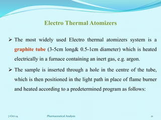 Electro Thermal Atomizers 
 The most widely used Electro thermal atomizers system is a 
graphite tube (3-5cm long& 0.5-1c...