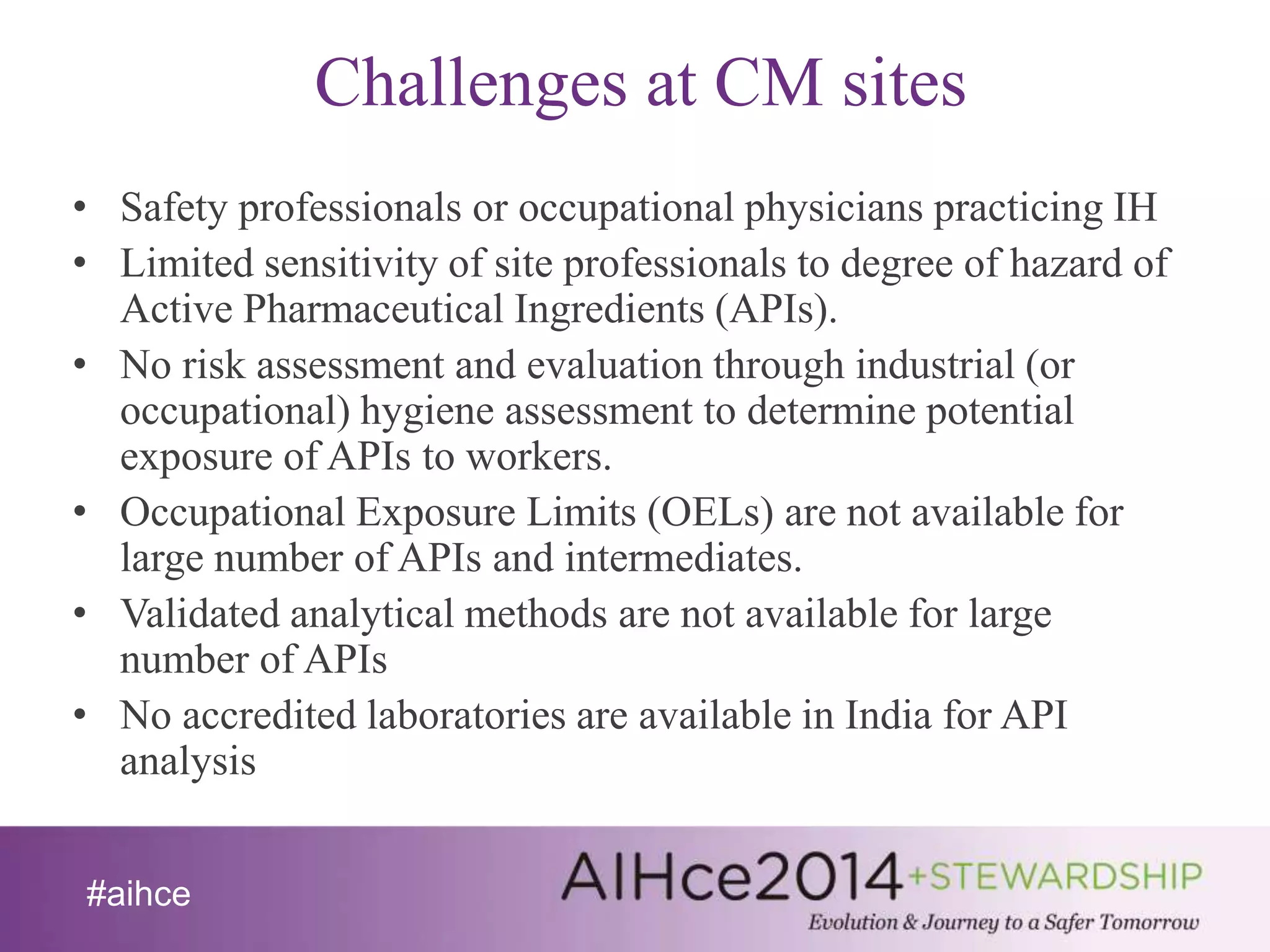 #aihce 
Challenges at CM sites 
• Safety professionals or occupational physicians practicing IH 
• Limited sensitivity of site professionals to degree of hazard of 
Active Pharmaceutical Ingredients (APIs). 
• No risk assessment and evaluation through industrial (or 
occupational) hygiene assessment to determine potential 
exposure of APIs to workers. 
• Occupational Exposure Limits (OELs) are not available for 
large number of APIs and intermediates. 
• Validated analytical methods are not available for large 
number of APIs 
• No accredited laboratories are available in India for API 
analysis 
 