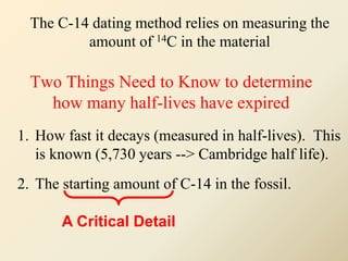 1. How fast it decays (measured in half-lives). This
is known (5,730 years --> Cambridge half life).
2. The starting amount of C-14 in the fossil.
A Critical Detail
Two Things Need to Know to determine
how many half-lives have expired
The C-14 dating method relies on measuring the
amount of 14C in the material
 