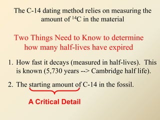 1. How fast it decays (measured in half-lives). This
is known (5,730 years --> Cambridge half life).
2. The starting amoun...
