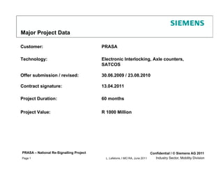 Major Project Data

Customer:                                PRASA

Technology:                              Electronic Interlocking, Axle counters,
                                         SATCOS

Offer submission / revised:              30.06.2009 23.08.2010
                                         30 06 2009 / 23 08 2010

Contract signature:                      13.04.2011

Project Duration:                        60 months

Project Value:                           R 1000 Million




PRASA – National Re-Signalling Project                                     Confidential / © Siemens AG 2011
Page 1                                     L. Lefebvre, I MO RA, June 2011    Industry Sector, Mobility Division
 
